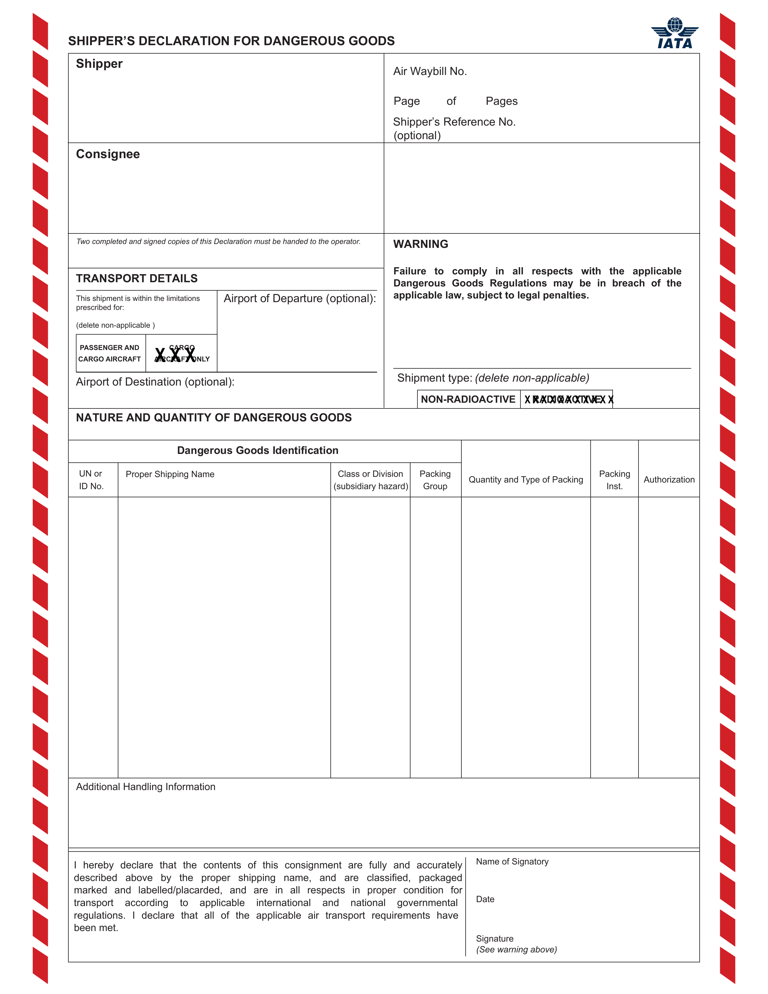 Blank IATA Shipper's Declaration for Dangerous Goods